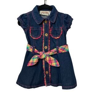 Vintage Carters Toddler Blue Denim Plaid Tie Belt Short Sleeve Button Jean Dress